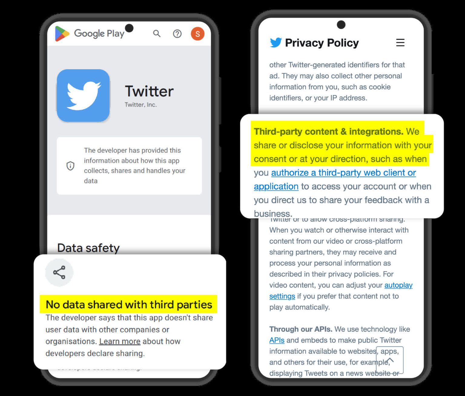 Opis Bezpieczeństwa danych w sklepie Google oraz dokument polityki prywatności. Twitter chyba trochę ściemnia...Źródło: Mozilla