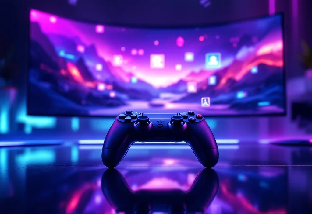 Futurystyczny kontroler gamingowy unoszący się nad powierzchnią, zakrzywiony monitor i holograficzne ikony w niebiesko-fioletowym świetle