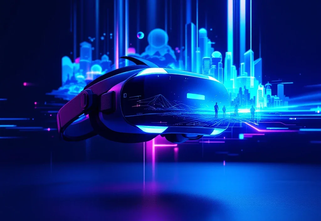 Futurystyczny zestaw VR nowej generacji unoszący się w minimalistycznym otoczeniu z holograficznymi projekcjami gier i dynamicznym niebiesko-fioletowym oświetleniem.