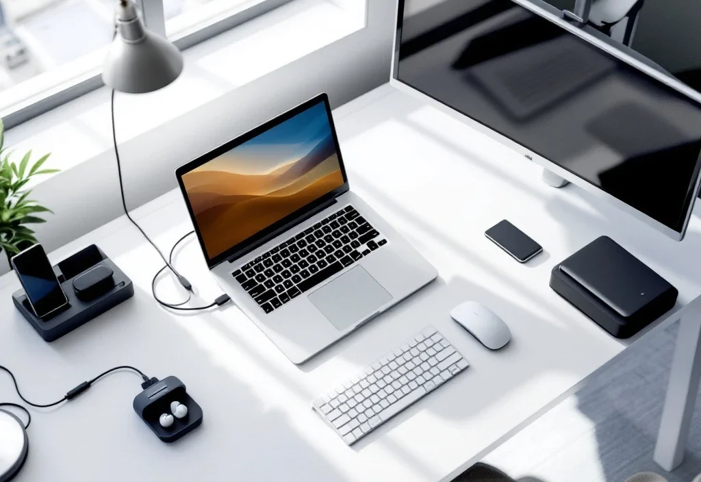 Nowoczesna, minimalistyczna przestrzeń biurowa z białym biurkiem, na którym elegancko ułożono laptop, monitor i akcesoria w naturalnym świetle.
