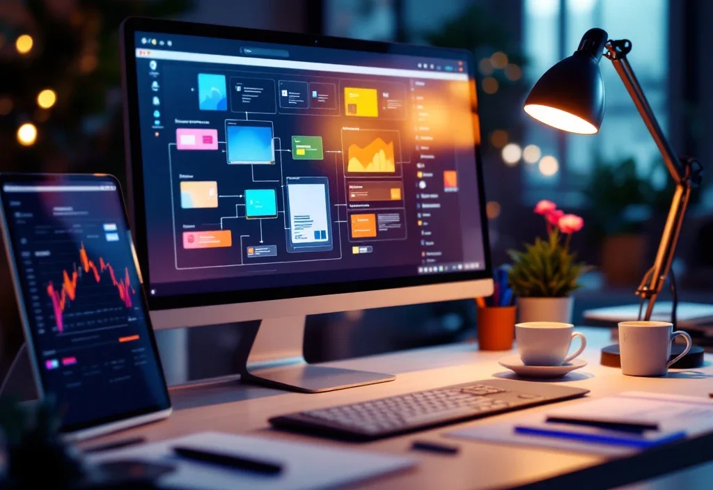 Stanowisko projektanta UX z monitorem wyświetlającym wireframe, tabletem z projektem, szkicami i kawą w minimalistycznej przestrzeni.