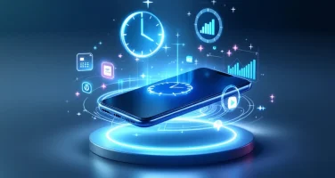 Smartfon unoszący się wśród holograficznych elementów czasu i wydajności, otoczony ikonami aplikacji w niebieskiej poświacie na granatowo-turkusowym tle.