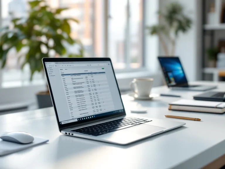 Smukły, srebrny ultrabook na białym biurku w minimalistycznym biurze. W tle dwa inne modele laptopów, obok mysz, kubek i notatnik. Naturalne światło, profesjonalna aranżacja.