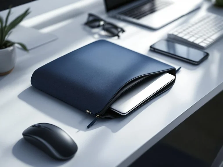 Trzy eleganckie etui na 15-calowe laptopy na biurku, środkowe otwarte z widocznym laptopem, wykonane ze skóry, neoprenu i tkaniny w profesjonalnych odcieniach.