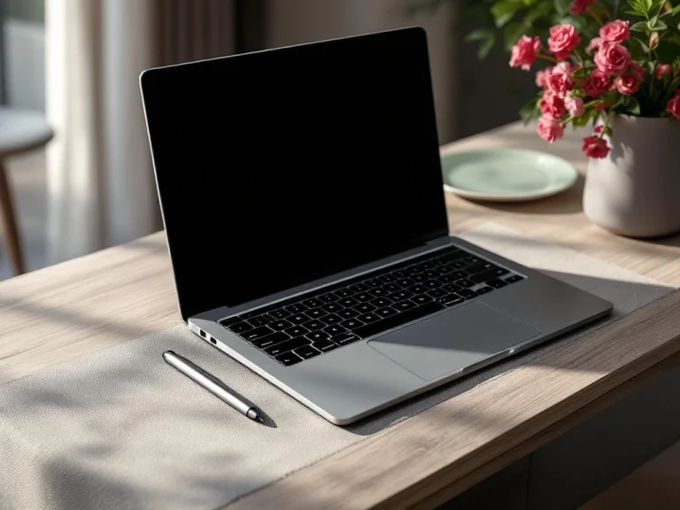 Elegancki laptop konwertowalny 2-w-1 w trybie prezentacji na stoliku podróżnym, obok filiżanka kawy i notatnik, za oknem rozmyty krajobraz.