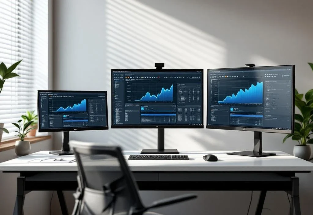Nowoczesne stanowisko pracy z trzema monitorami różnej wielkości (21"-34") wyświetlającymi oprogramowanie do produktywności w minimalistycznym biurze.