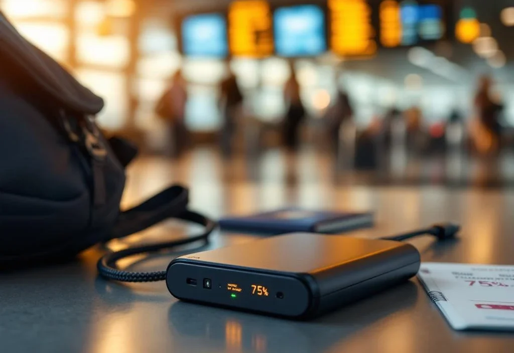 Powerbank o dużej pojemności ładujący smartfon na stoliku lotniskowym, obok paszportu i karty pokładowej. Wskaźnik pokazuje 75% naładowania.