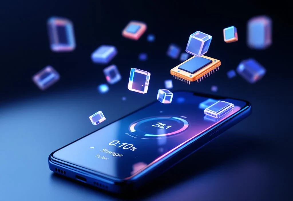 Nowoczesny smartfon z wizualizacją pamięci na ekranie, otoczony trójwymiarowymi ikonami chipów i blokami danych na gradientowym niebiesko-czarnym tle.
