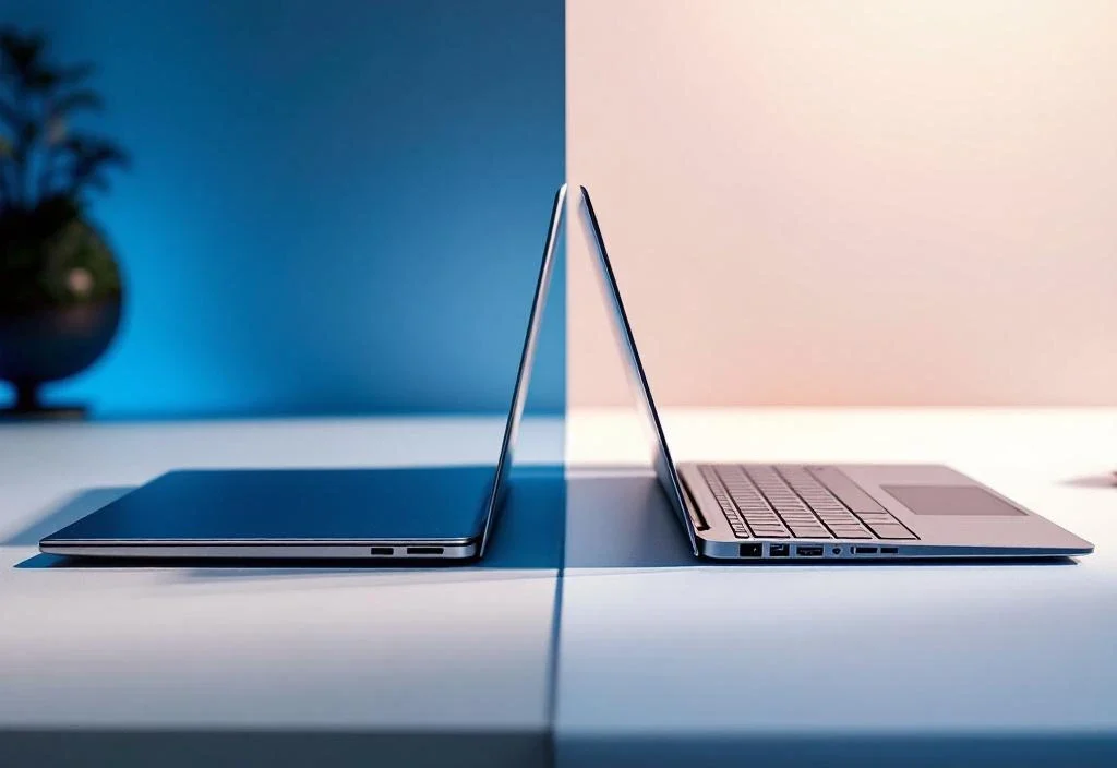 Porównanie ultracienkiego ultrabooka z metalicznym wykończeniem i tradycyjnego, grubszego laptopa na minimalistycznym biurku z niebieskim oświetleniem ambientowym.