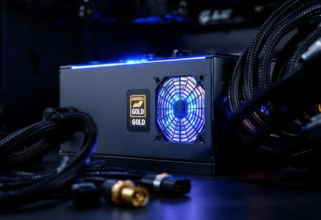 Wysokiej jakości modularny zasilacz komputerowy z certyfikatem Gold, częściowo zainstalowany w obudowie z niebieskim podświetleniem LED i kablami modularnymi.