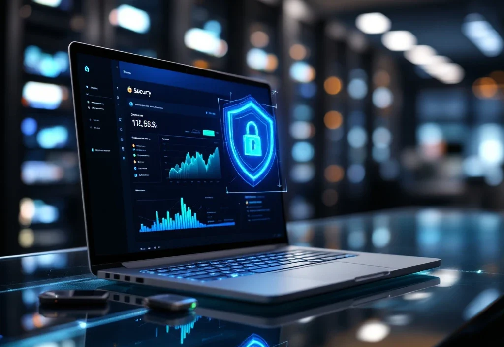 Wysokiej klasy laptop biznesowy wyświetlający panel bezpieczeństwa z analityką, otoczony elementami zabezpieczeń i kluczem sprzętowym na szklanym biurku.