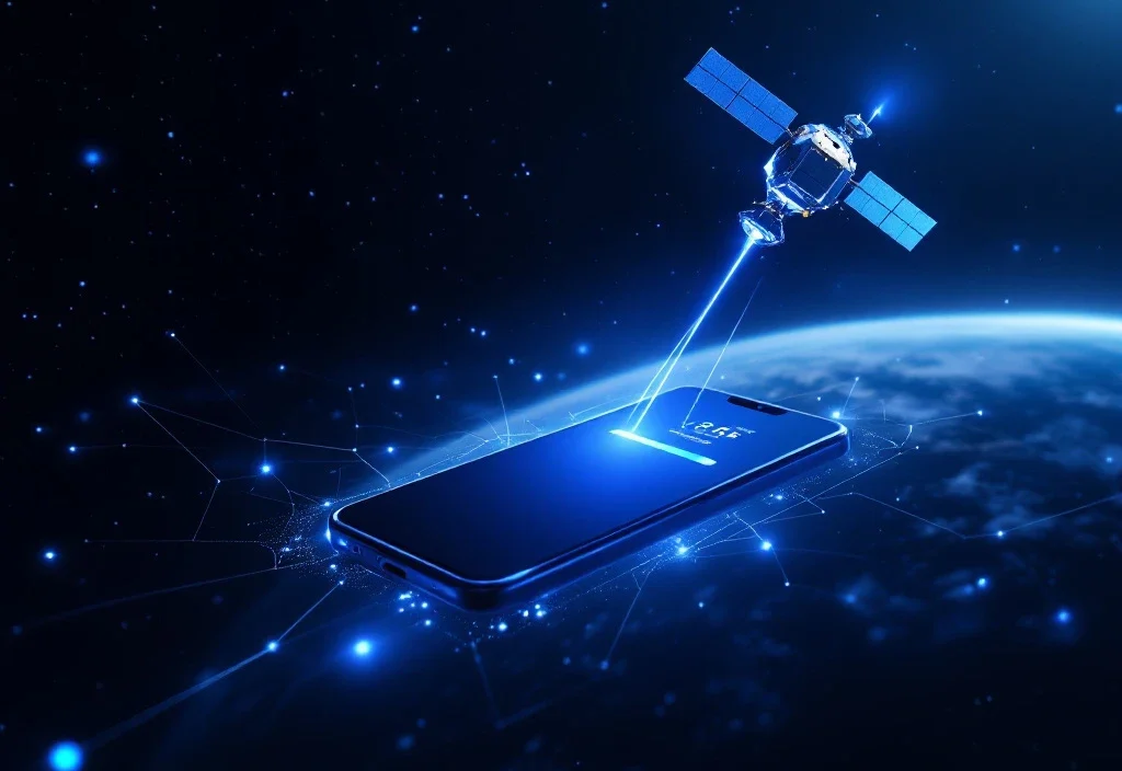 Nowoczesny smartfon unoszący się w kosmosie, wysyłający niebieskie promienie do satelity na tle rozgwieżdżonego nieba i krzywizny Ziemi.