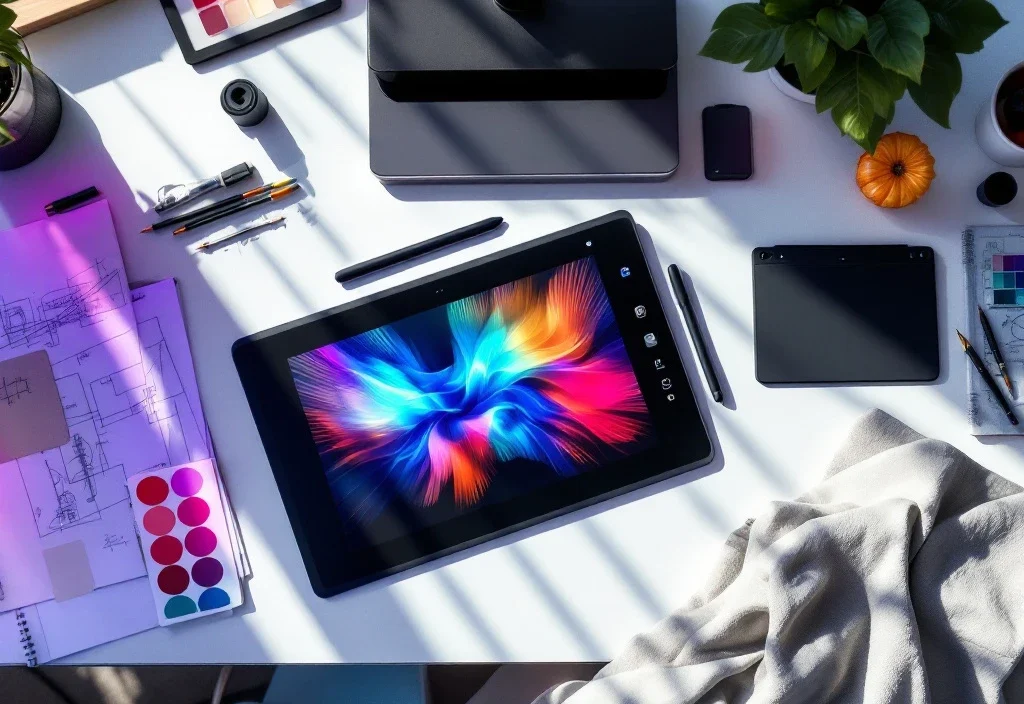 Elegancka przestrzeń pracy z różnymi tabletami graficznymi, na głównym widać kolorową grafikę cyfrową, obok profesjonalne przybory artystyczne w naturalnym świetle.