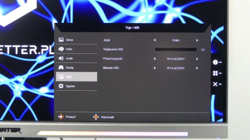 Acer Predator XB3 (XB273U) - menu jest przetłumaczone na j. polski