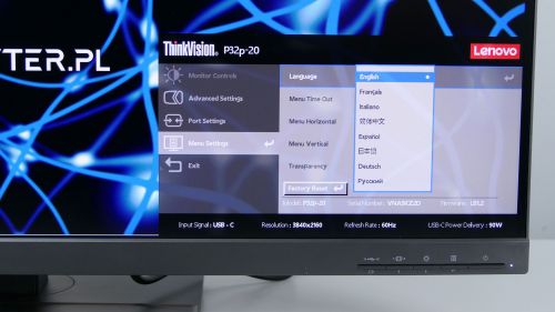 Lenovo ThinkVision P32p-20 - niestety, brak polskiego tłumaczenia menu